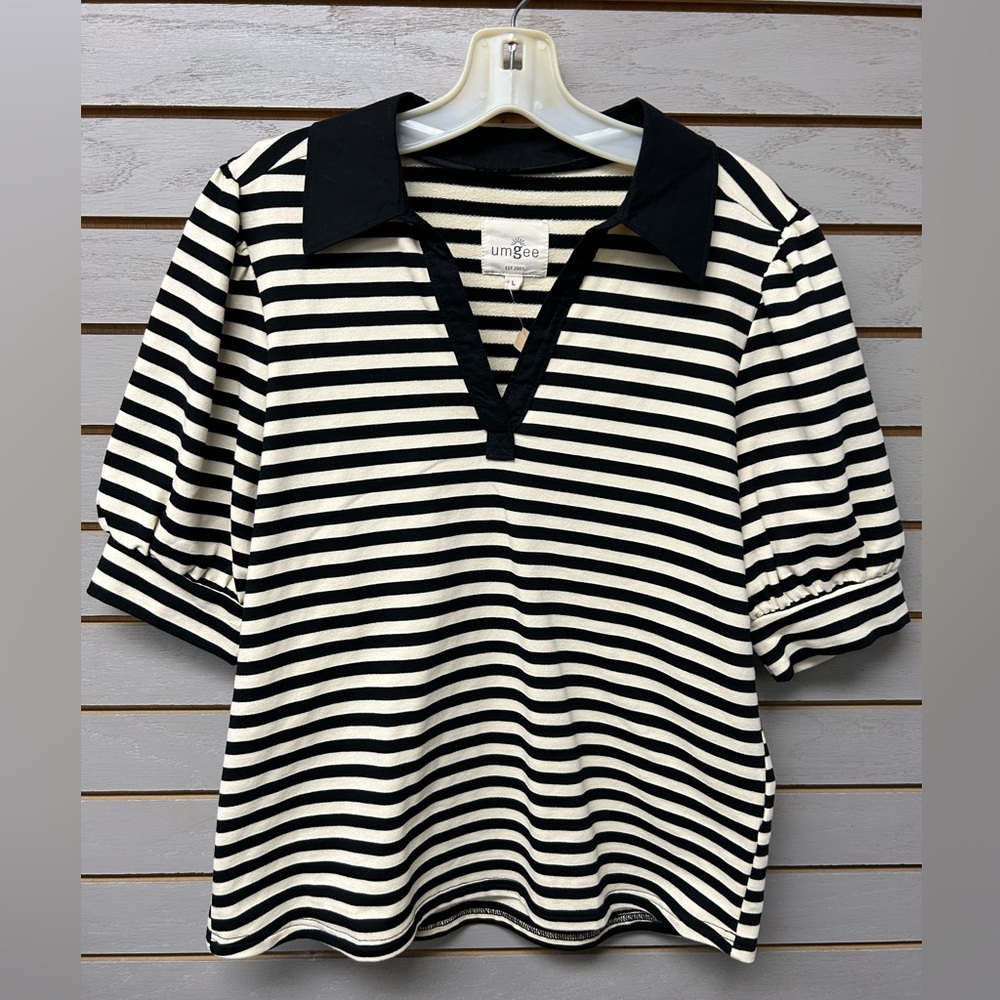 Umgee Black and Cream Striped Blouse